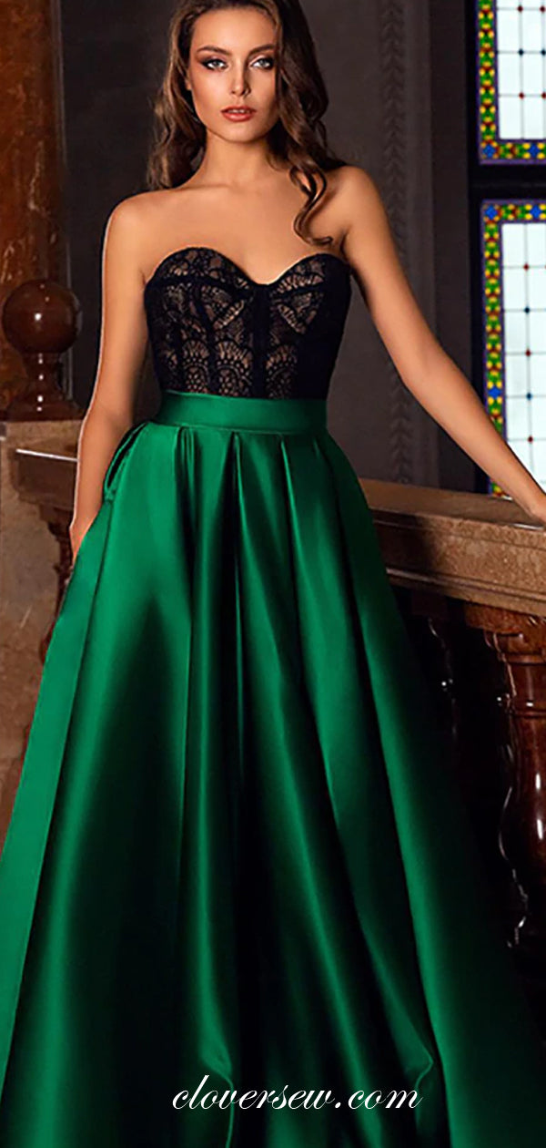 Black Lace Green Satin Strapless Side Slit A-line Prom Dresses,CP0420
