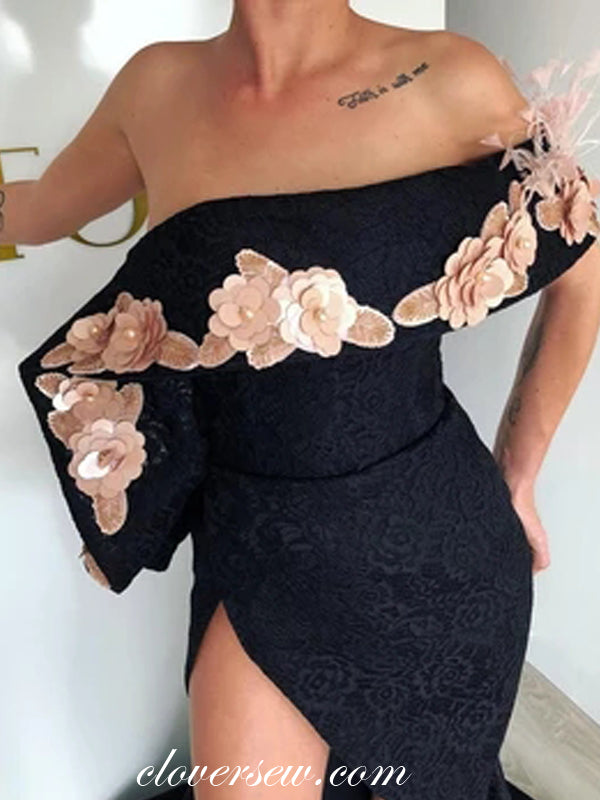 Black Lace Off The Shoulder Mermaid Pink 3D Applique Prom Dresses,CP0222