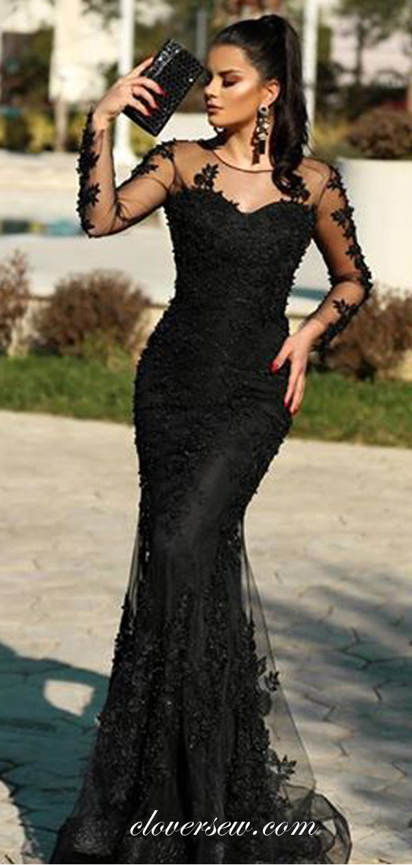 Black Lace See Through Long Sleeves Mermaid Formal Dresses, CP0033 clover sew Black Lace See Through Long Sleeves Mermaid Formal Dresses, CP0033 clover sew