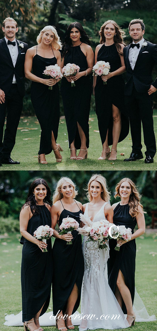non matching black bridesmaid dresses Mismatched Black Soft Satin Side Slit Mermaid Floor Length Bridesmaid SofieBridal