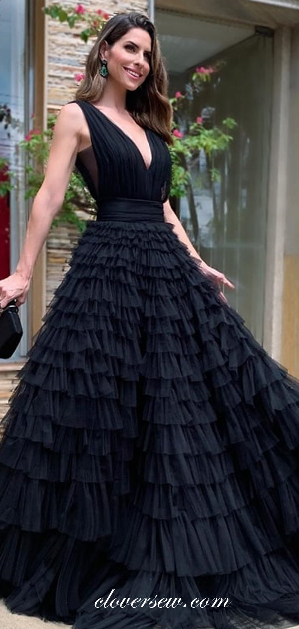 Black Ruffles Tulle Tiered A-line Sleeveless Prom Dresses ,CP0294