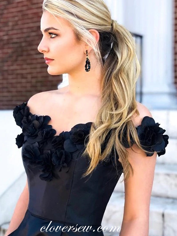 Black Satin Applique Off The Shoulder Side Slit A-line Prom Dresses ,CP0404