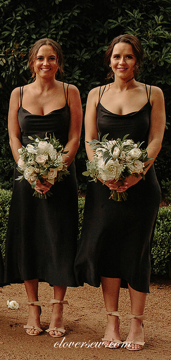 Black Satin Chiffon Spaghetti Strap A-line Tea Length Bridesmaid Dresses, CB0013