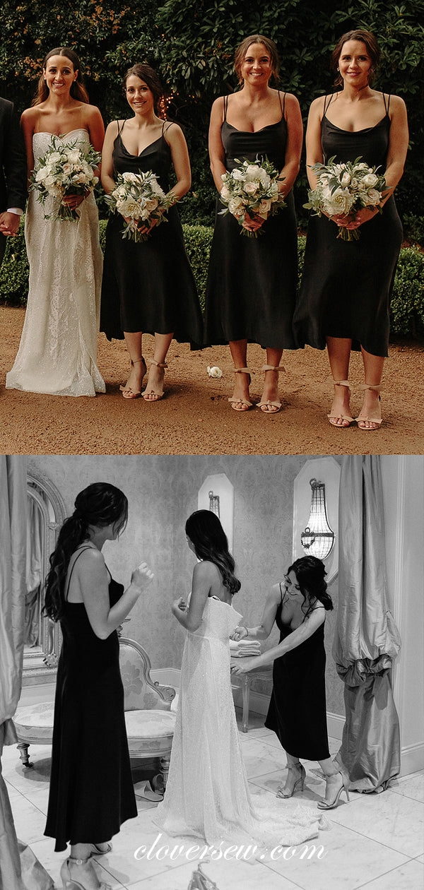 Black Satin Chiffon Spaghetti Strap A-line Tea Length Bridesmaid Dresses, CB0013