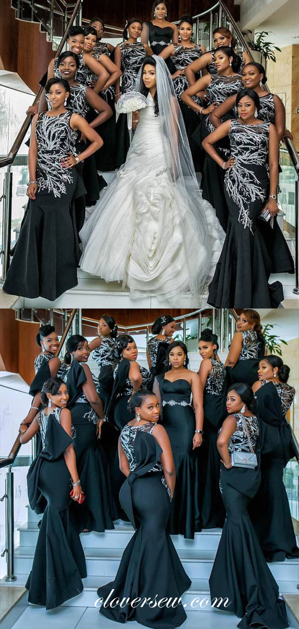 Black Satin Lace Applique Bowknot Mermaid Bridesmaid Dresses, CB0090