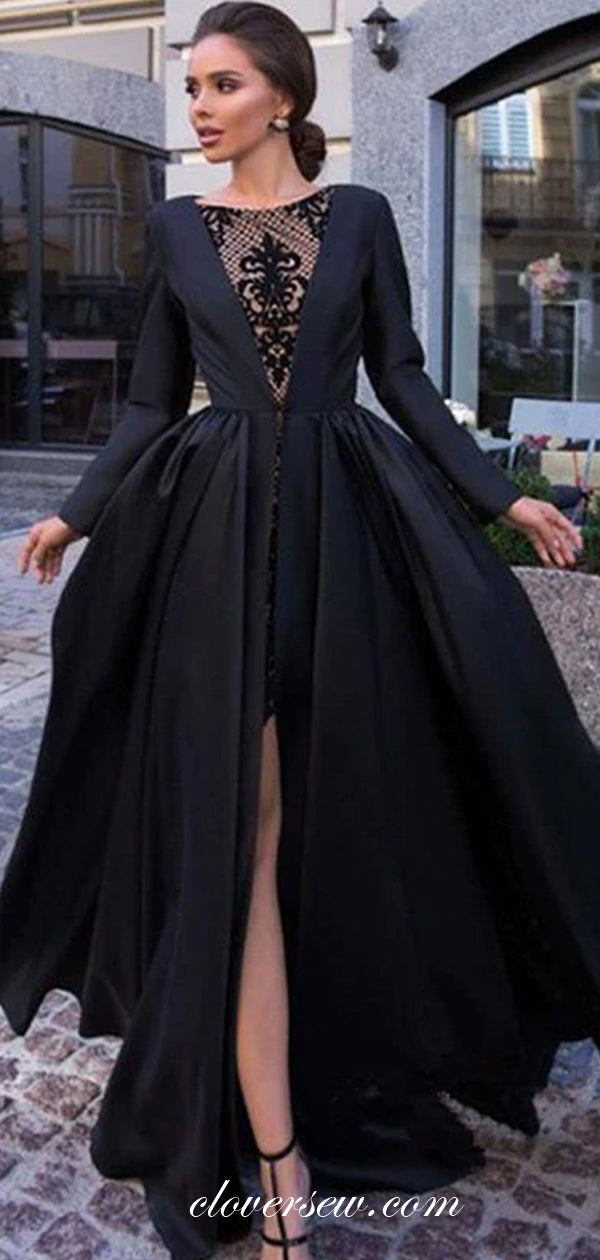 Black Satin Lace Long Sleeves Side Slit Formal Dresses, CP0482