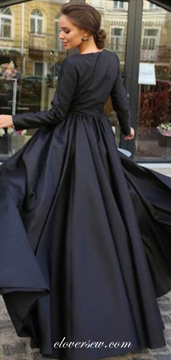 Black Satin Lace Long Sleeves Side Slit Formal Dresses, CP0482