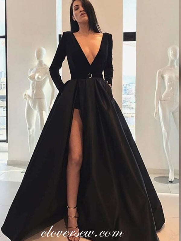 Black Satin Long Sleeves V-neck A-line Prom Dresses ,CP0289