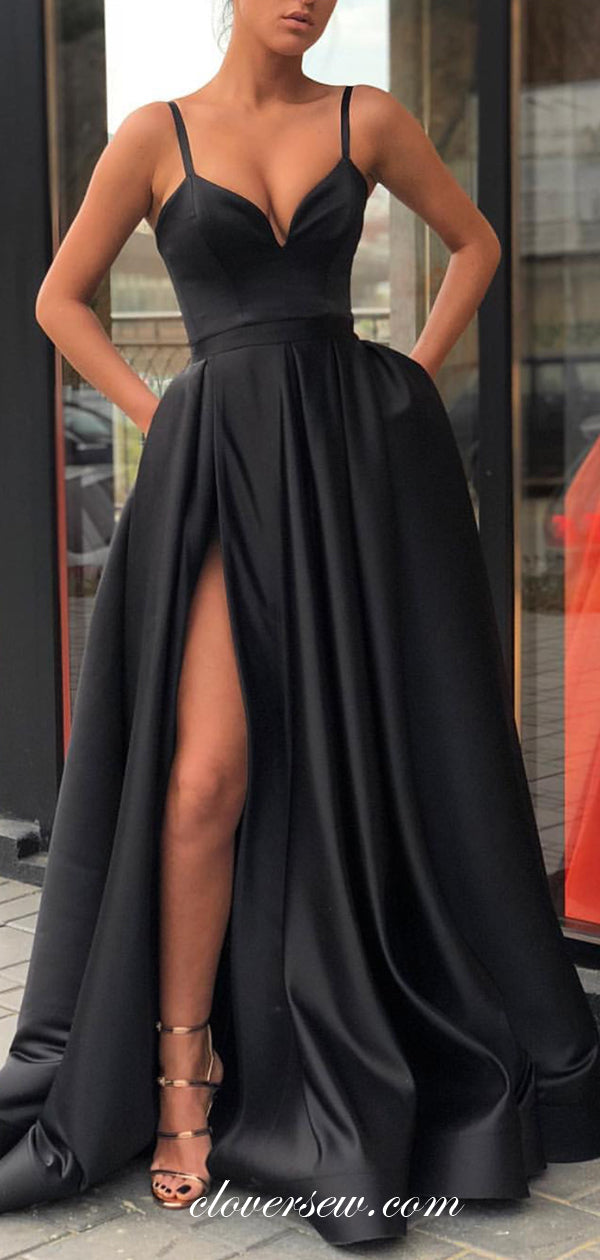 Black Satin Spaghetti Strap A-line Side Slit Prom Dresses, CP0015