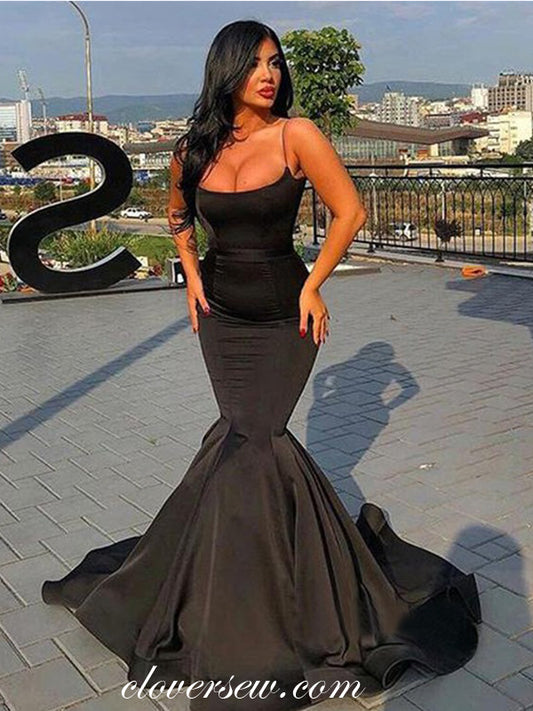 Black Satin Spaghetti Strap Mermaid Sexy Prom Dresses,CP0317