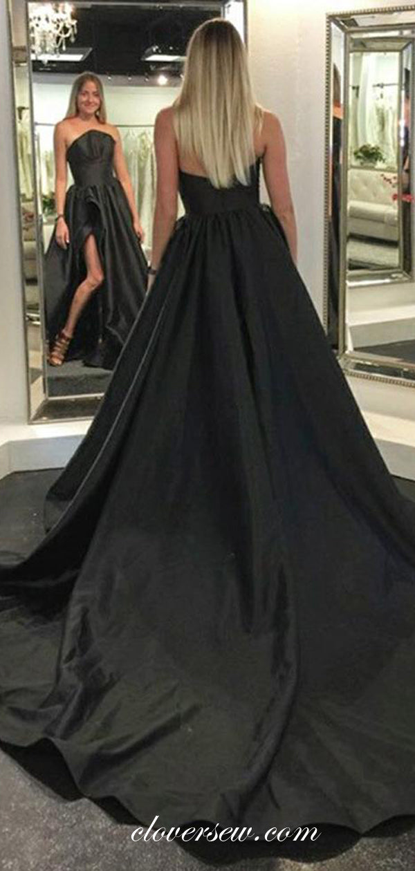 Black Satin Strapless Unique High Slit Prom Dresses, CP0031