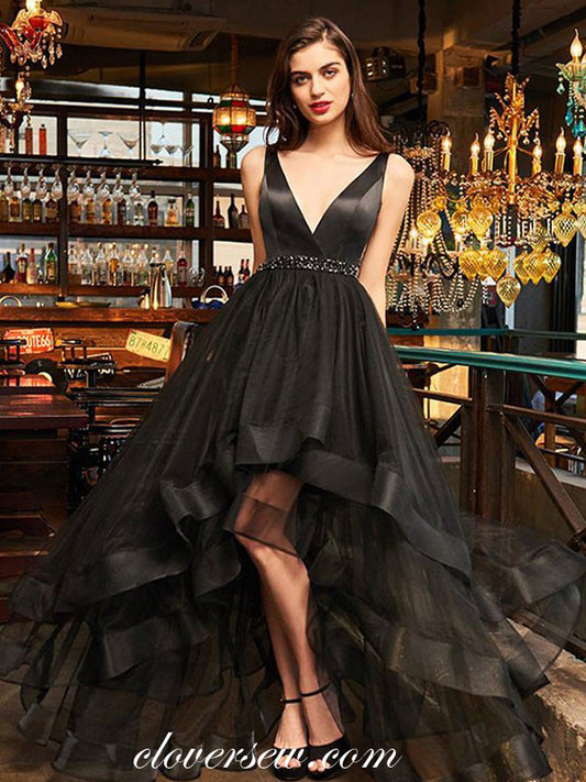 Black Satin Tulle High Low A-line Sleeveless V-neck Prom Dresses,CP0320