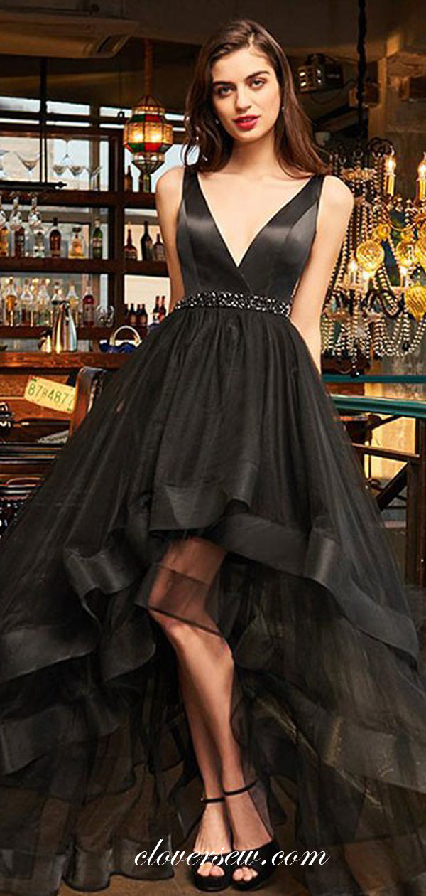 Black Satin Tulle High Low A-line Sleeveless V-neck Prom Dresses,CP0320