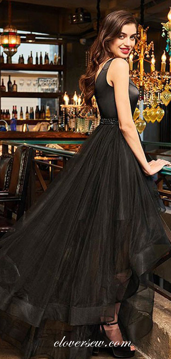 Black Satin Tulle High Low A-line Sleeveless V-neck Prom Dresses,CP0320