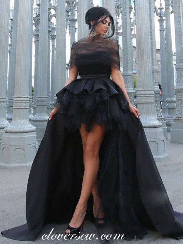 Black Satin Tulle Off The Shoulder A-line High Low Prom Dresses, CP0101