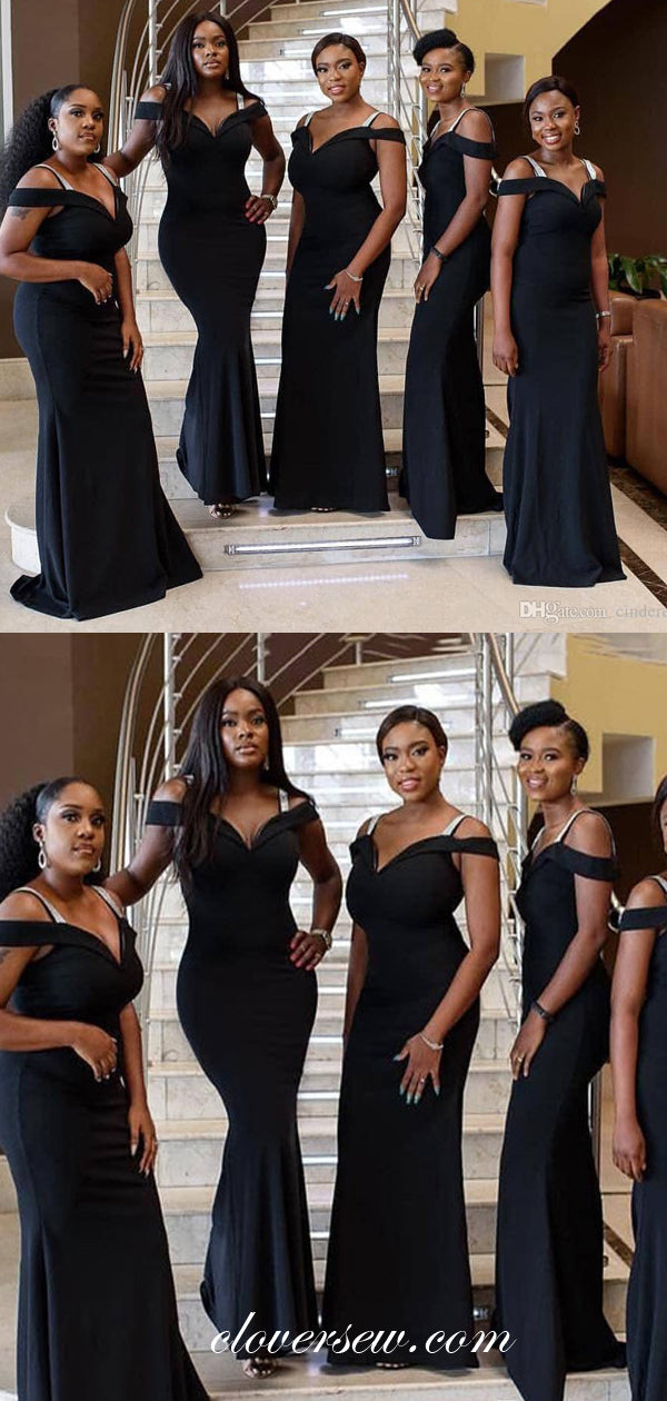Black Satin White Strap Off The Shoulder Sheath Bridesmaid Dresses ,CB clover sew Black Satin White Strap Off The Shoulder Sheath Bridesmaid Dresses ,CB clover sew