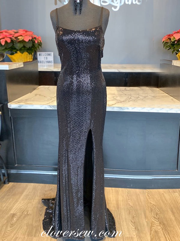 Black Sequin Spaghetti Strap Sheath Side Slit Prom Dresses ,CP0351