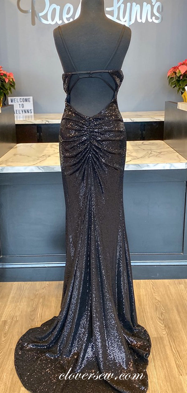 Black Sequin Spaghetti Strap Sheath Side Slit Prom Dresses ,CP0351