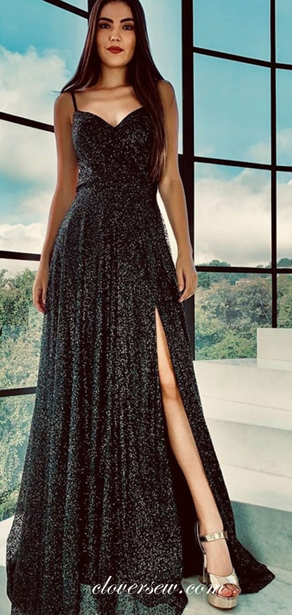 Black Sequined Tulle Spaghetti Strap Side Slit A-line Prom Dresses ,CP0306