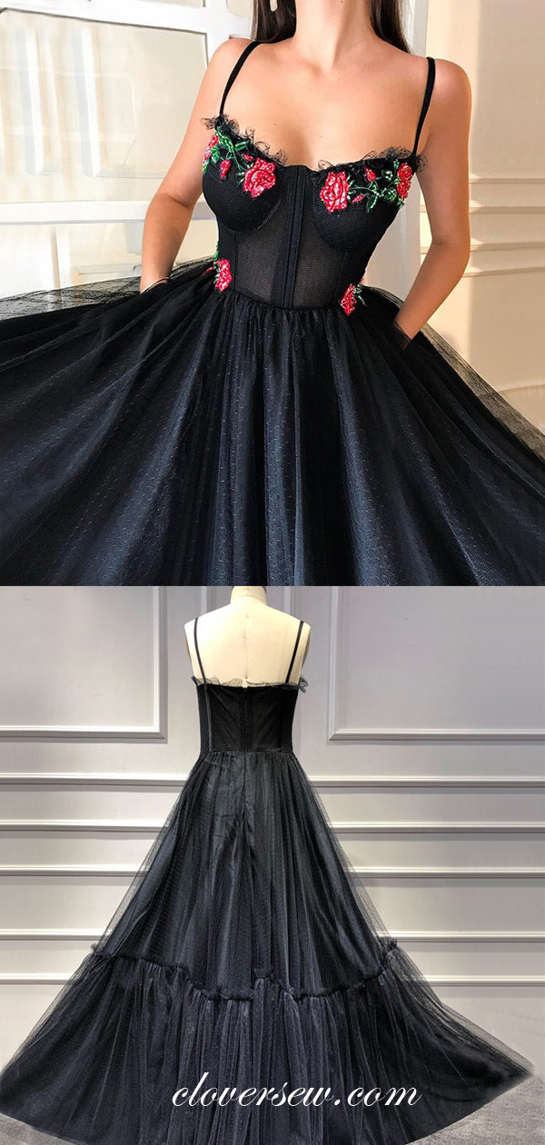 Black Tulle Floral Appliques Spaghetti Strap A-line Prom Dresses, CP0020