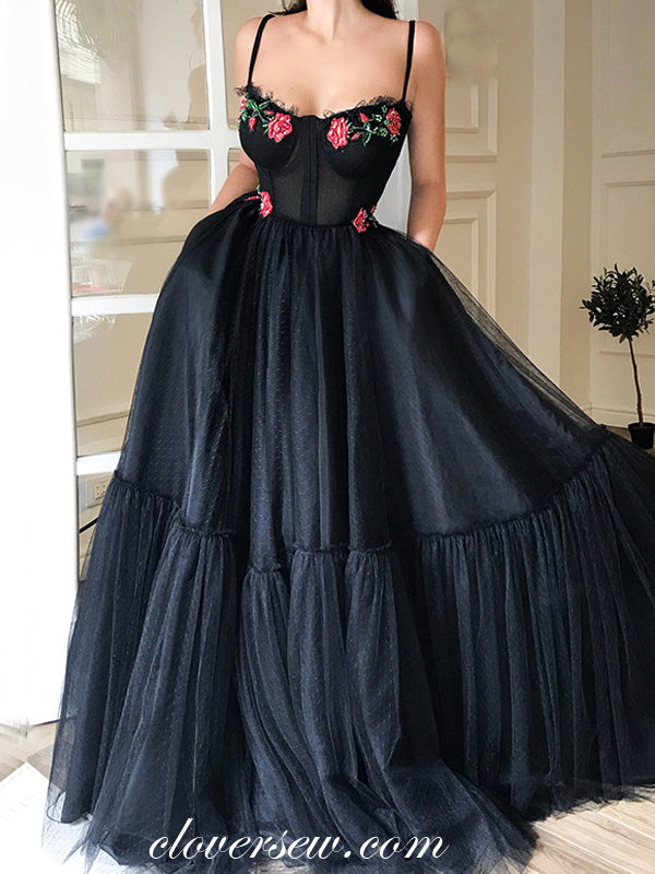 Black Tulle Floral Appliques Spaghetti Strap A-line Prom Dresses, CP0020