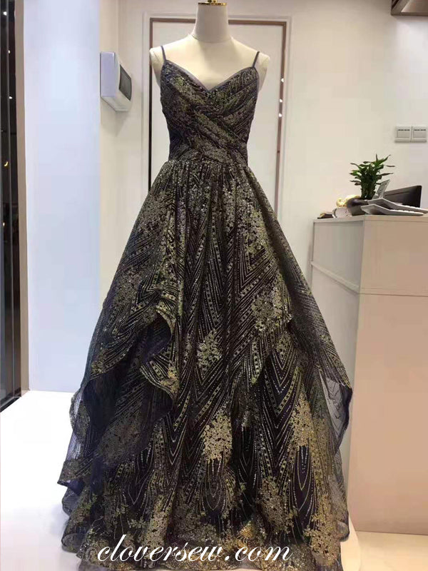 Black Tulle Gold Lace Spaghetti Strap A-line Prom Dresses,CP0229