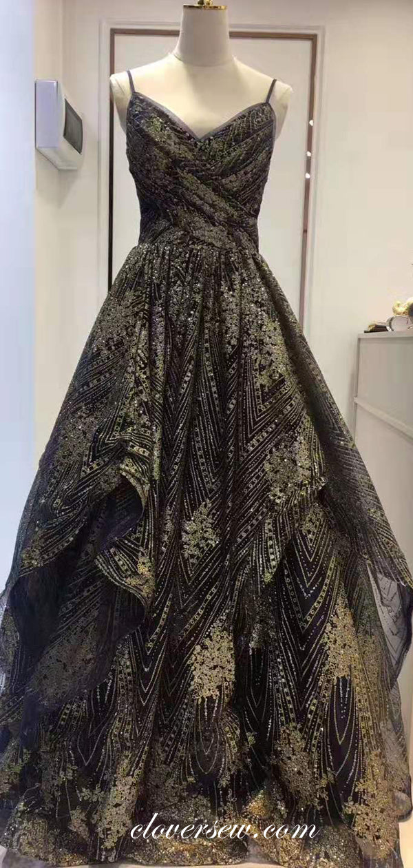 Black Tulle Gold Lace Spaghetti Strap A-Line Prom Dresses,CP0229 US12 / As Pic Black Tulle Gold Lace Spaghetti Strap A-Line Prom Dresses,CP0229 US12 / As Pic