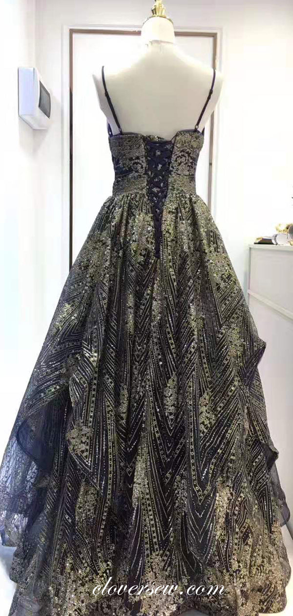 Black Tulle Gold Lace Spaghetti Strap A-line Prom Dresses,CP0229