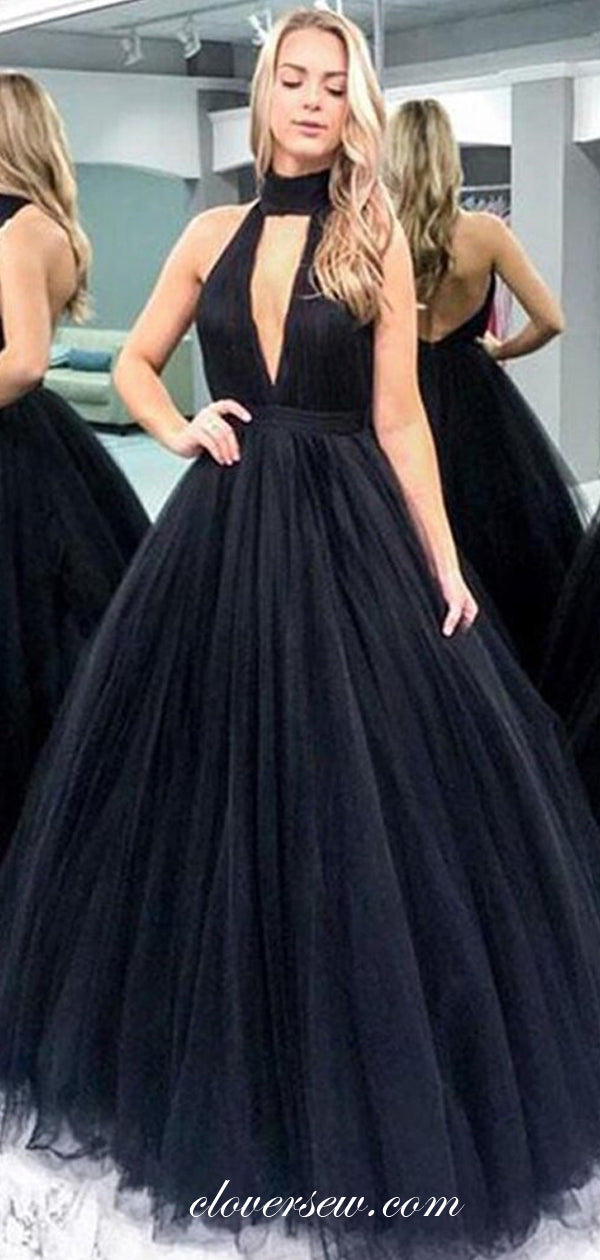 Black Tulle Halter Backless A-line Prom Dresses , CP0009