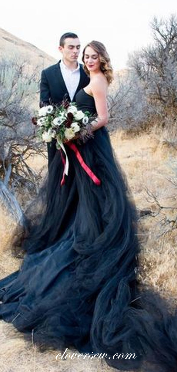 Black Tulle Strapless A line With Train Wedding Dresses CW0096 clover sew