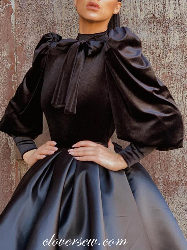 Black Velvet Satin Vintage High Neck Long Sleeves High Low Prom Dresses , CP0477