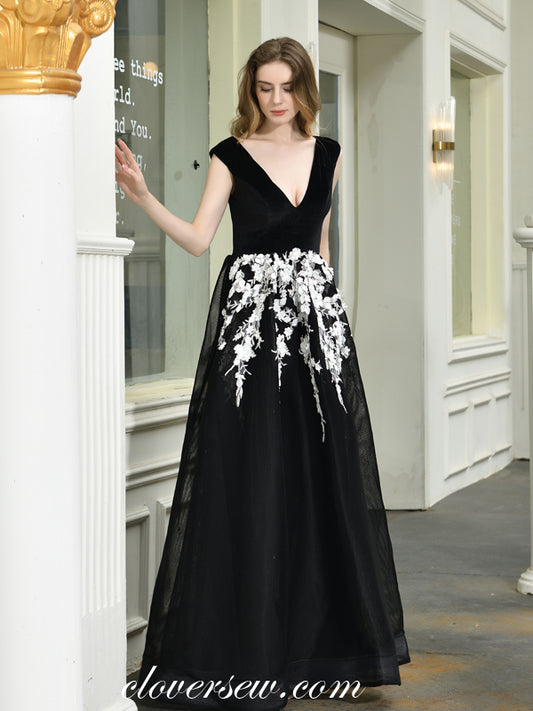 Black Velvet White Applique Tulle A-line Elegant Prom Dresses,CP0182