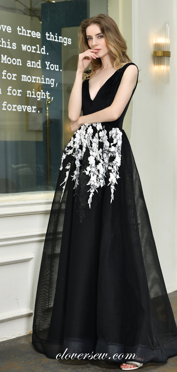 Black Velvet White Applique Tulle A-line Elegant Prom Dresses,CP0182 clover sew Black Velvet White Applique Tulle A-line Elegant Prom Dresses,CP0182 clover sew