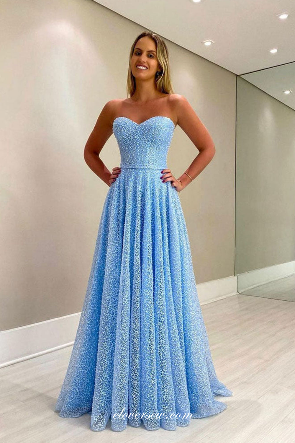 Blue Beaded Lace Sweetheart Strapless A-line Prom Dresses, CP0855