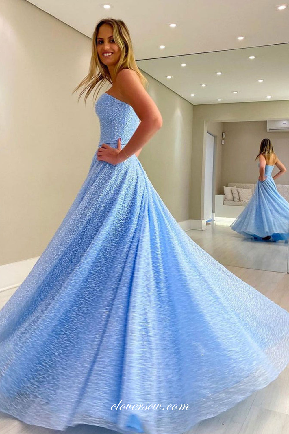 Blue Beaded Lace Sweetheart Strapless A-line Prom Dresses, CP0855