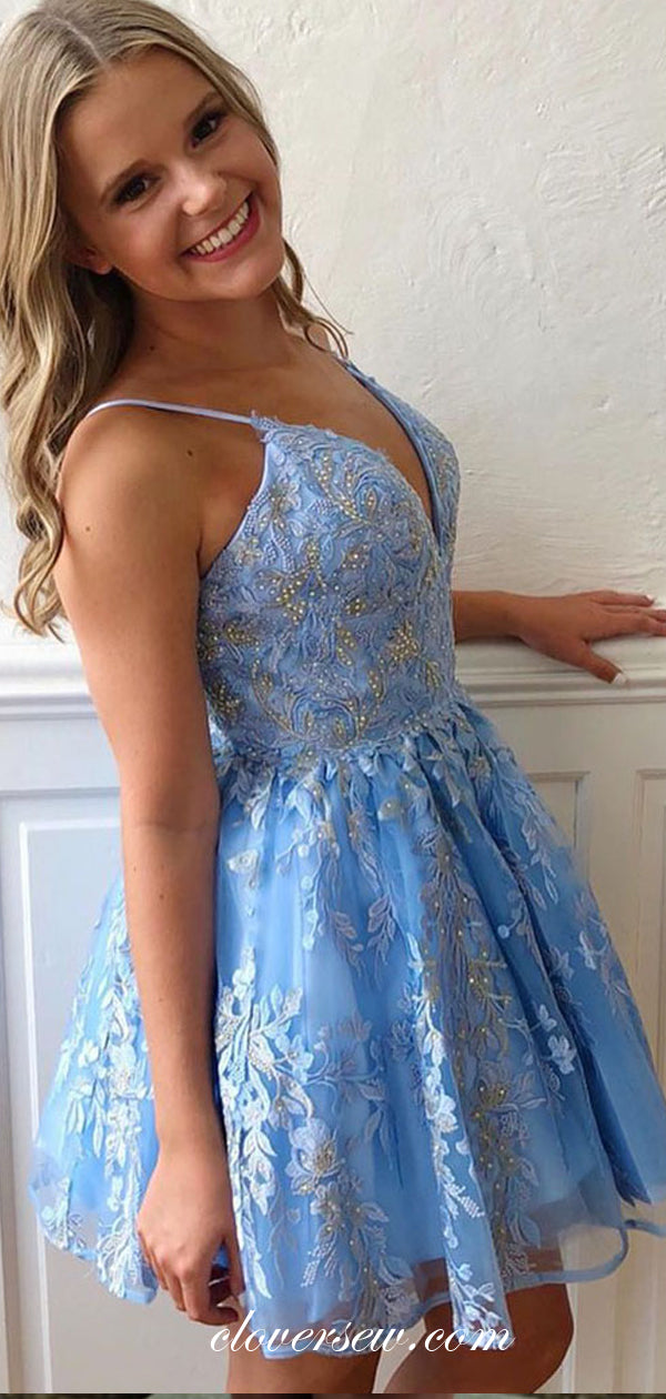 Blue Charming Lace Spagehtti Strap A-line Homecoming Dresses, CH0030