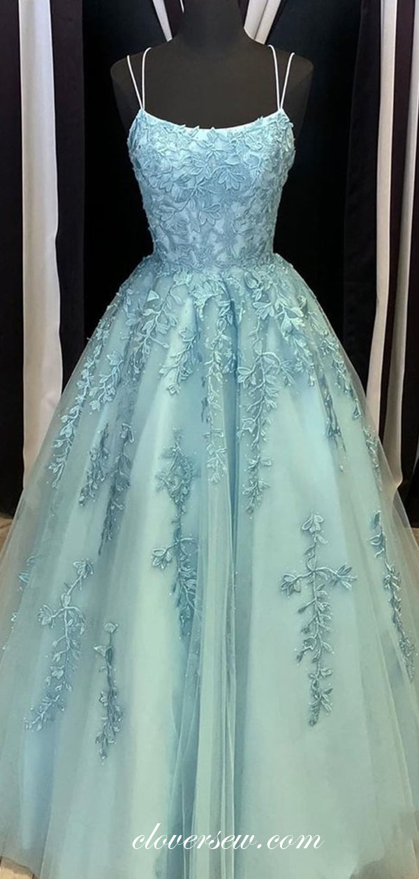 Blue Lace Applique Spaghetti Strap A-line Lace Up Back Prom Dresses, CP0583