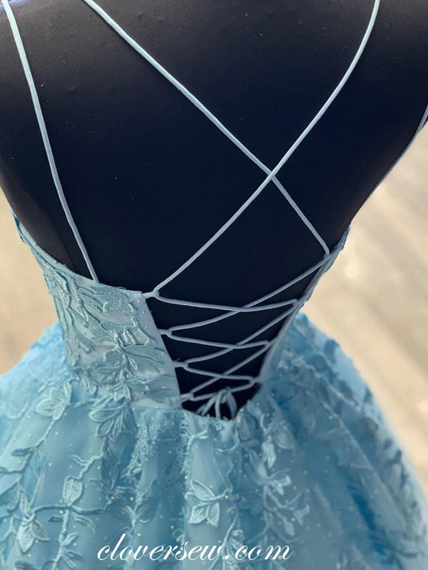 Blue Lace Applique Spaghetti Strap A-line Lace Up Back Prom Dresses, CP0583