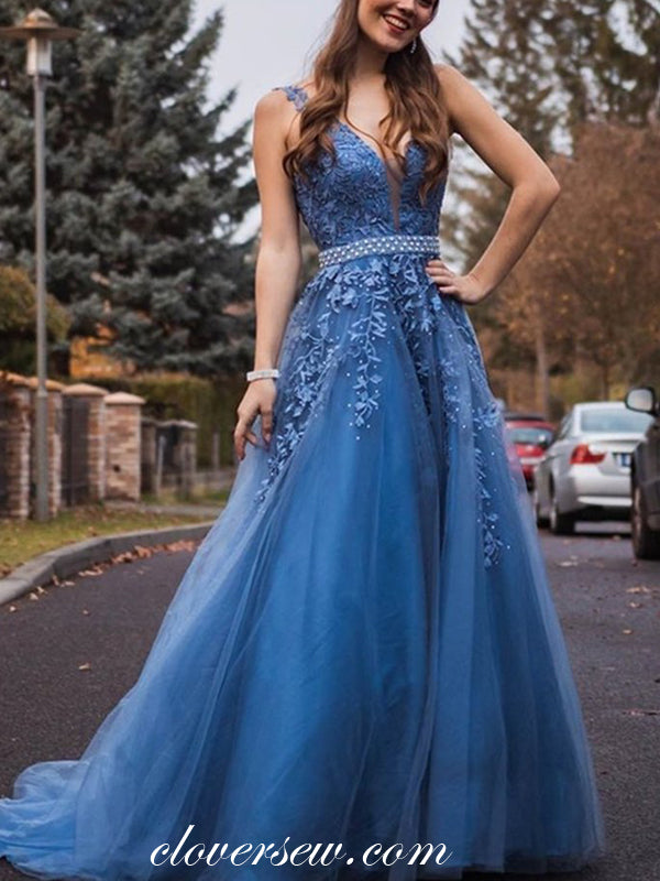 Blue Lace Applique With Belt V-neck Aleeveless A-line Prom Dresses , CP0589