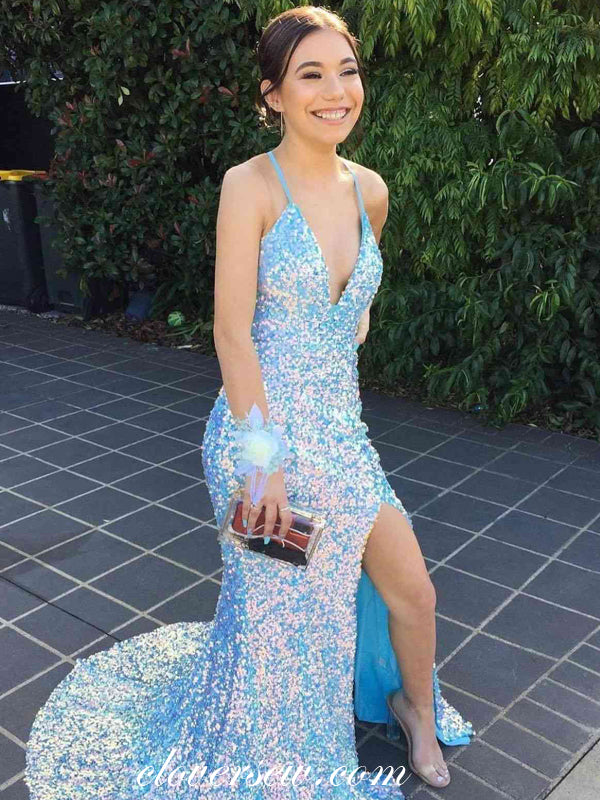 Blue Laser Sequined Lace Up Back Side Slit Mermaid Prom Dresses, CP0827