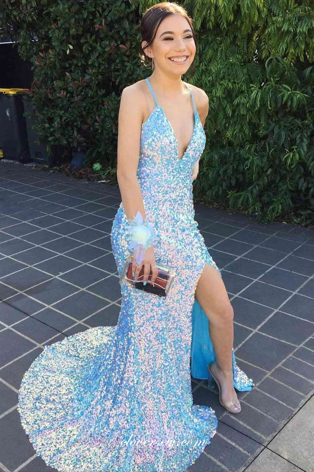 Blue Laser Sequined Lace Up Back Side Slit Mermaid Prom Dresses, CP0827