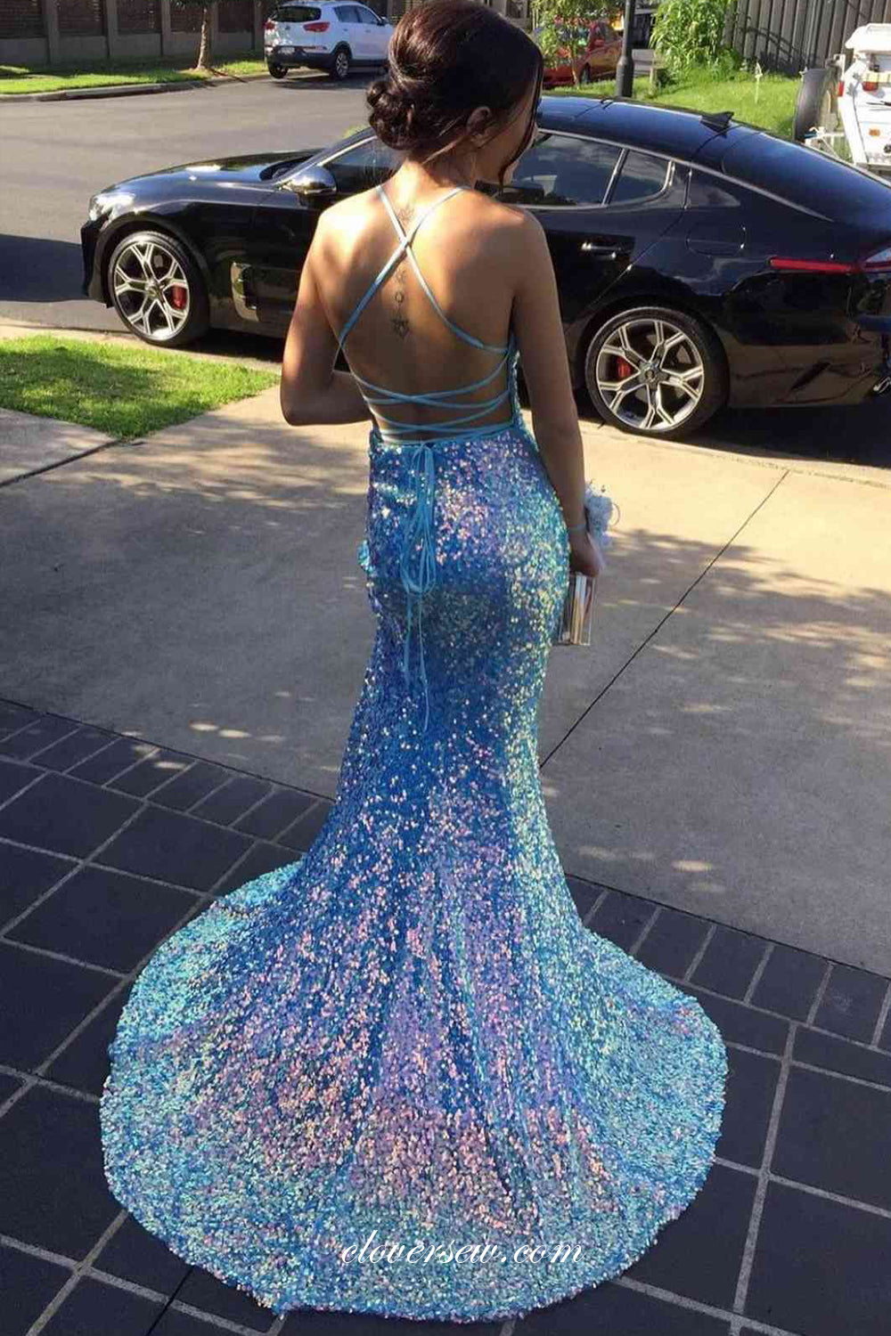 Blue Laser Sequined Lace Up Back Side Slit Mermaid Prom Dresses, CP0827