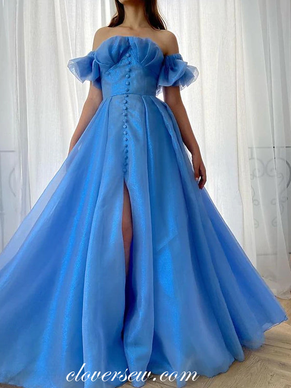 Blue Organza Off The Shoulder A-line Elegant Prom Dresses, CP0729
