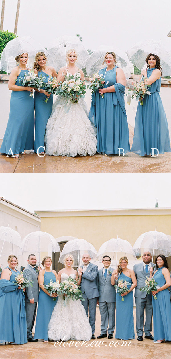 Blue Chiffon Mismatched Column Long Bridesmaid Dresses, CB0075
