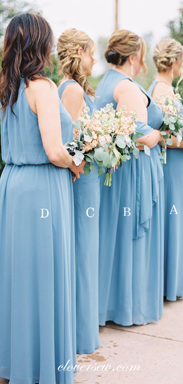 Blue Chiffon Mismatched Column Long Bridesmaid Dresses, CB0075