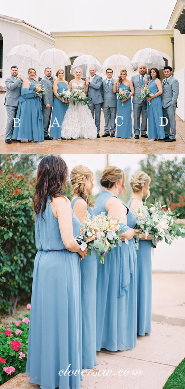 Blue Chiffon Mismatched Column Long Bridesmaid Dresses, CB0075
