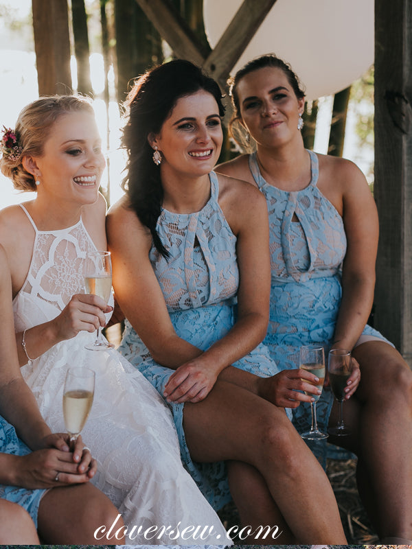 Blue Lace Sheath Halter Knee Length Bridesmaid Dresses, CB0019
