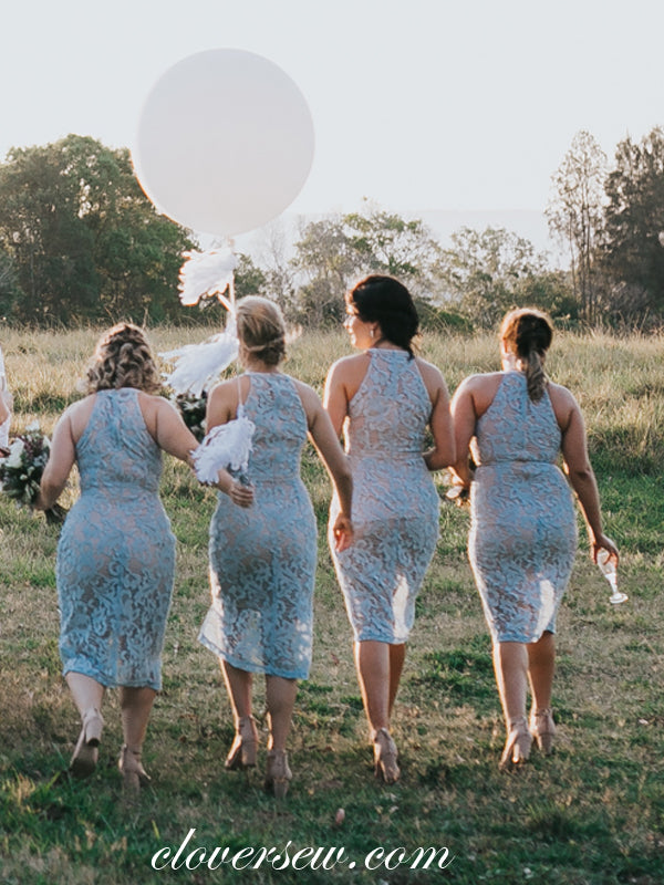 Blue Lace Sheath Halter Knee Length Bridesmaid Dresses, CB0019