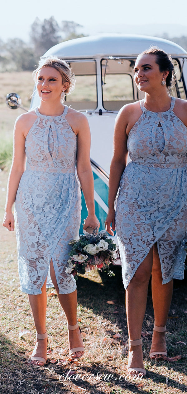 Blue Lace Sheath Halter Knee Length Bridesmaid Dresses, CB0019