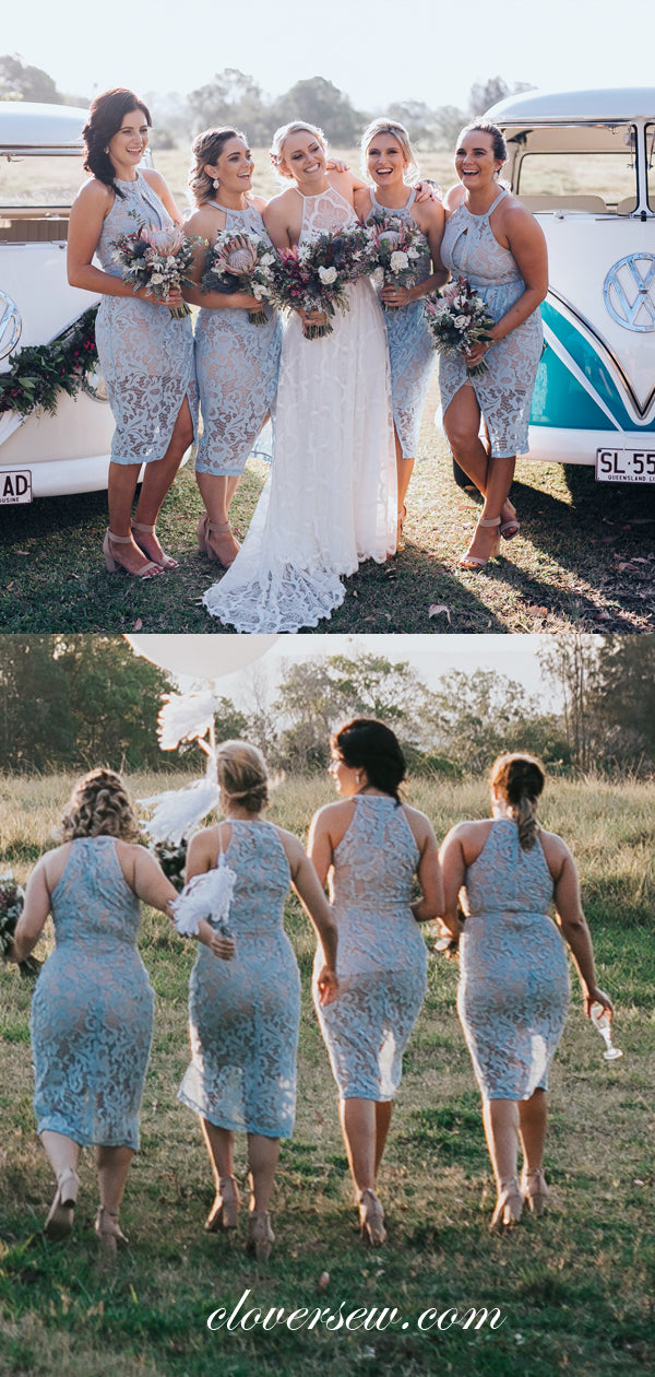 Blue Lace Sheath Halter Knee Length Bridesmaid Dresses, CB0019